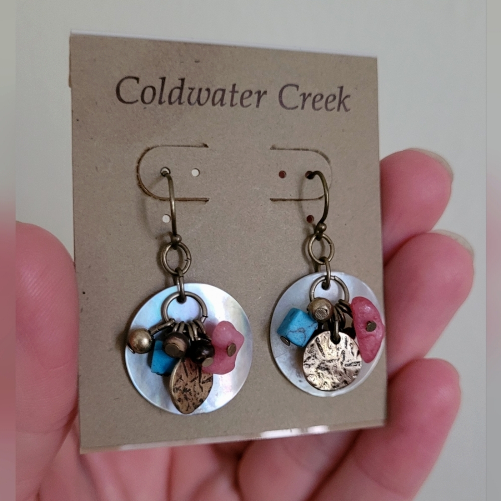 Coldwater Creek Santorini Cluster Brassy Sea Shell and Charm Dangle Earrings